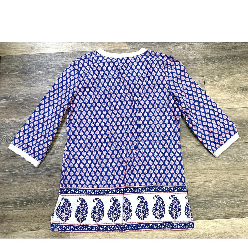 J. Crew Blue Pink Paisley Floral Tunic Top Large Boho Split Neck 3/4 Sleeve